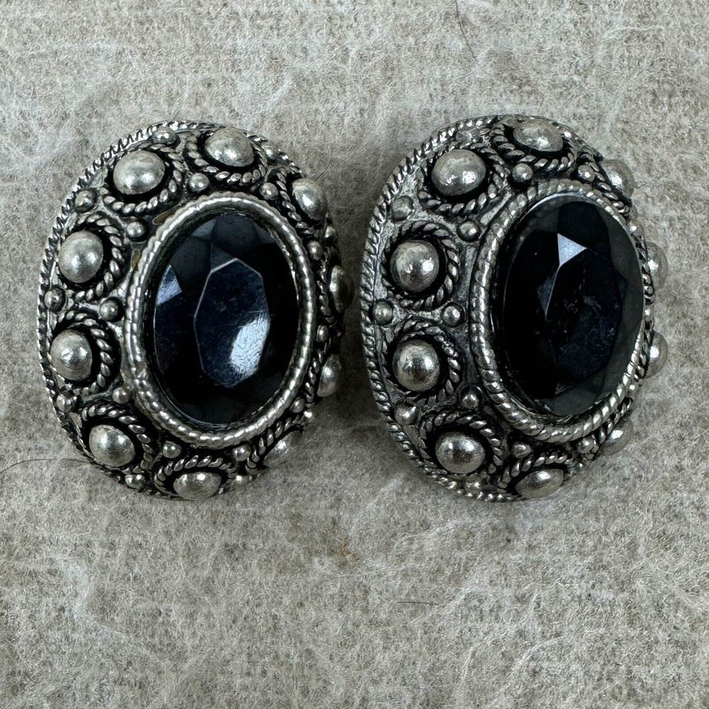 Gothic Victorian Black Faceted Clip On Earrings Silver‎ Tone Statement Vintage